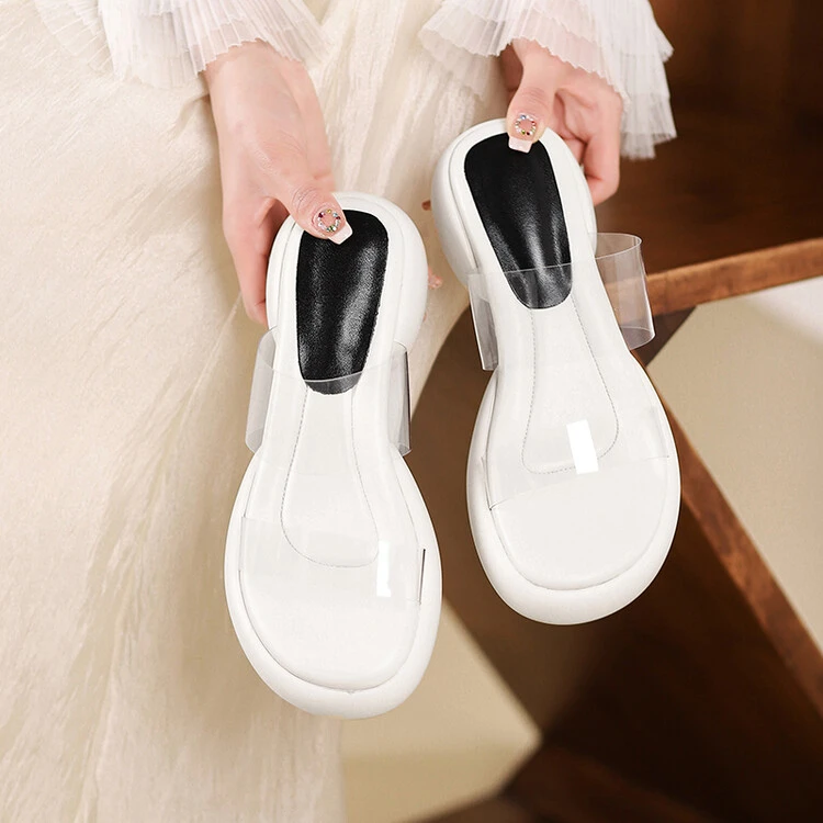 露趾凉拖女粗跟防水台透明带2024年夏季新款时尚百搭外穿一字拖鞋