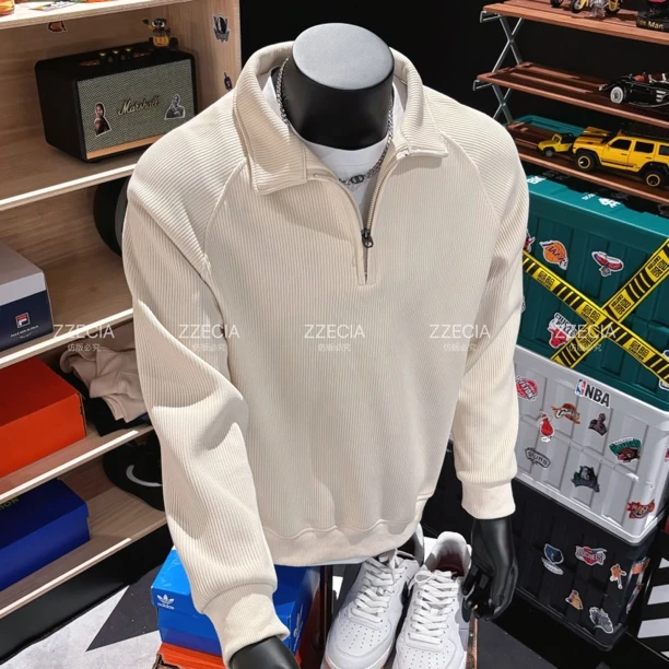 【正品保障】ZZECIA秋冬翻领加绒加厚高棉感拉链坑条肌理感针织卫衣