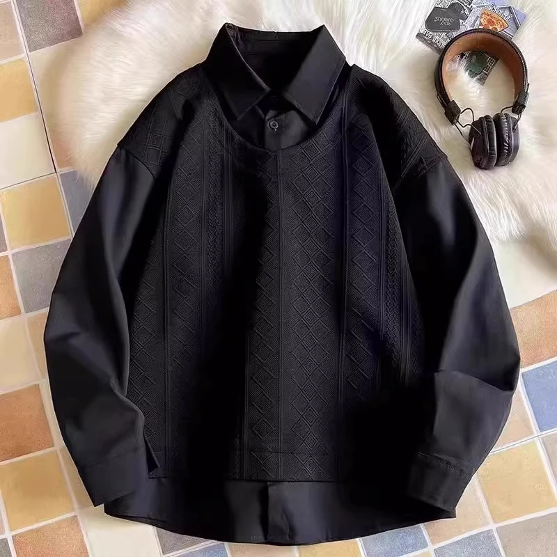 300斤假两件长袖衬衫春季特大码百搭立领宽松高级感男装薄款上衣