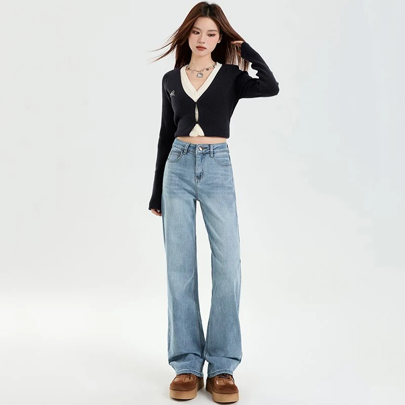 弹力高腰窄版显瘦百搭牛仔裤女春夏新款宽松直筒加绒加厚裤子