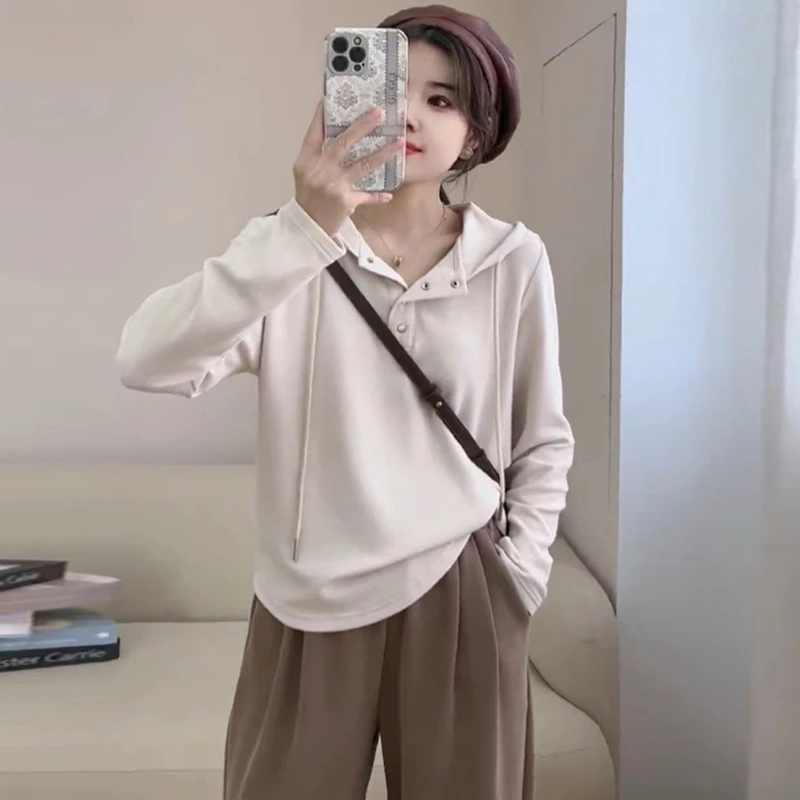 孕妇韩版时尚抽绳连帽卫衣女秋冬季新款纯色套头百搭宽松遮肚上衣