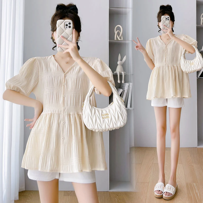 2024夏季新款法式V领孕妇上衣宽松显瘦娃娃衫上衣小个子时尚洋气