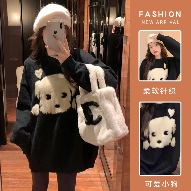 孕妇秋冬款孕妇装时尚加厚毛衣黑色小狗宽松针织衫上衣宽松慵懒风