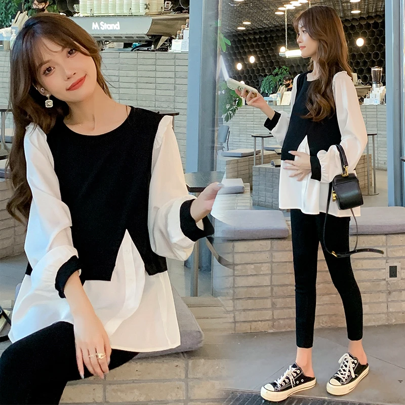 孕妇宽松时尚撞色假两件长袖衬衣2024新款秋装洋气显瘦韩版上衣