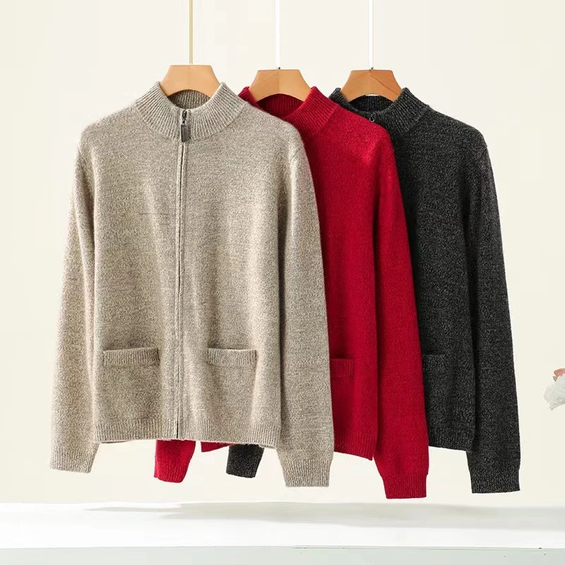 高端羊绒2024冬季立领纯色100山羊绒拉链休闲保暖羊绒衫女