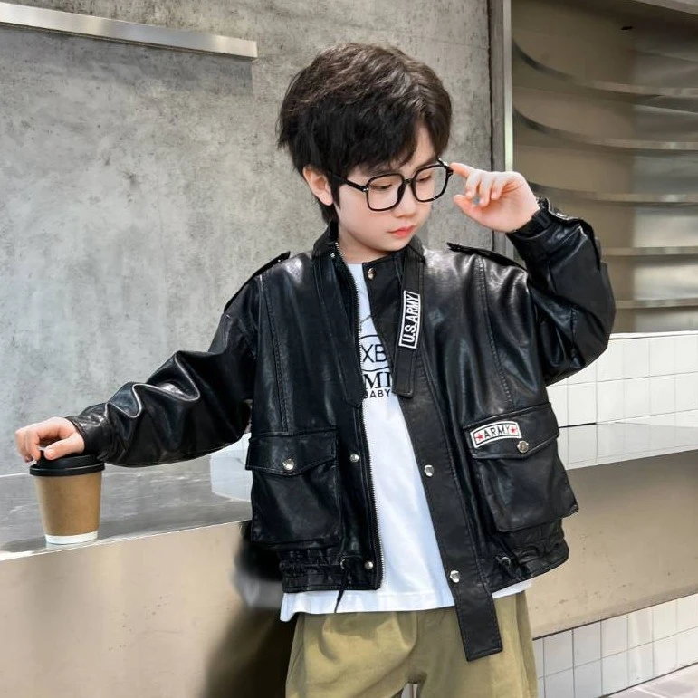 男童春秋韩版时尚贴标皮衣外套2024新款潮中大童春款百搭短款夹克