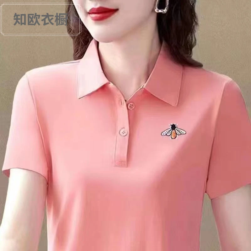 新款运动休亲减龄上衣时尚翻领polo衫高档女士T恤短袖中年妈妈装