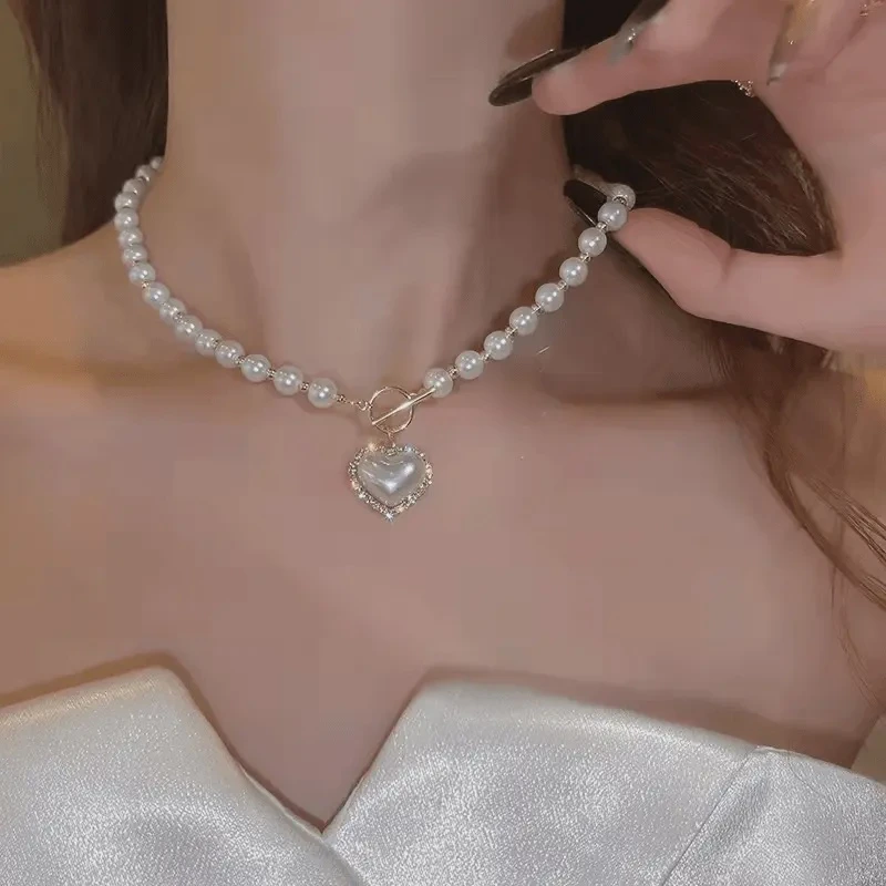 铜合金项链 法式爱心人鱼姬珠珠项链时尚百搭OT扣锁骨链X871
