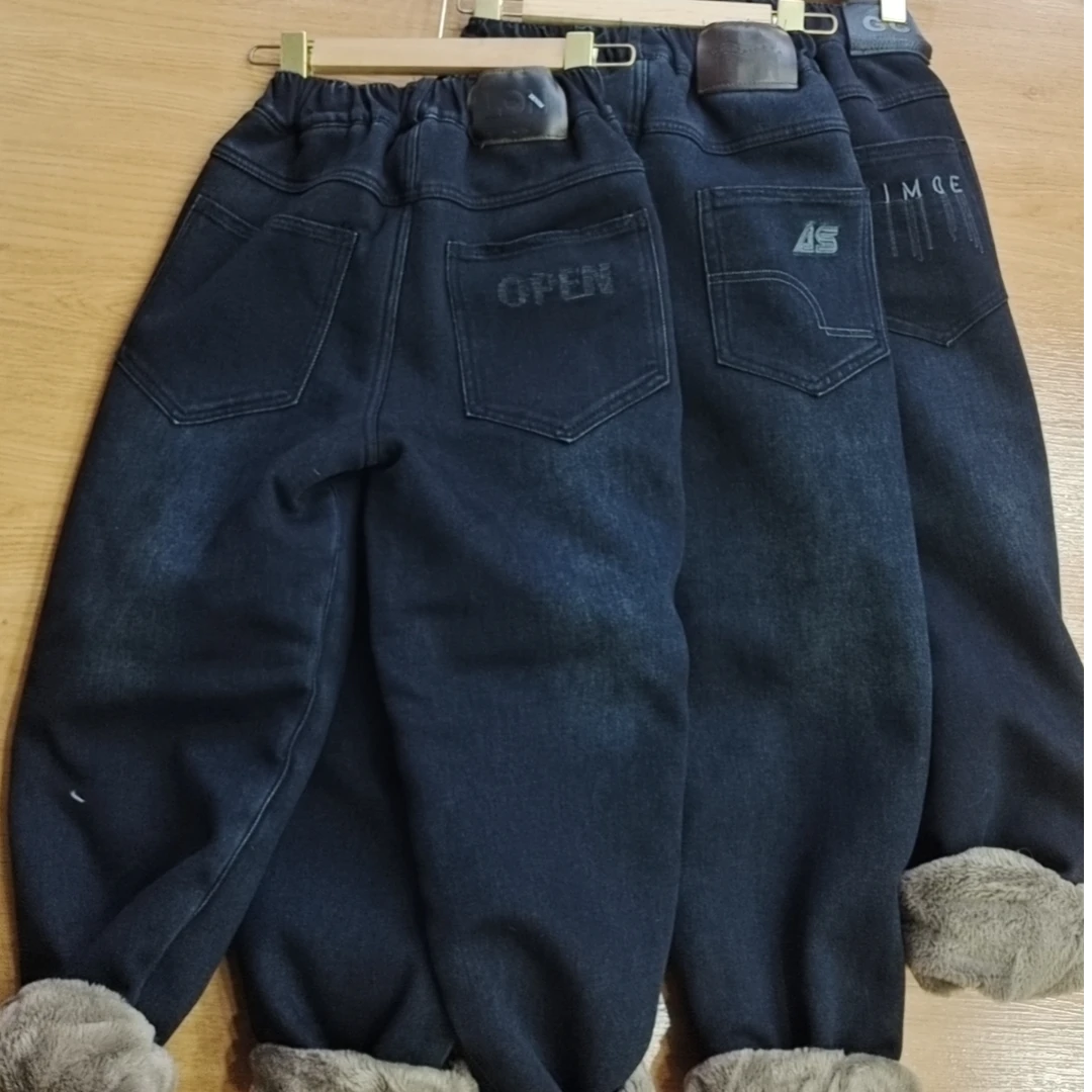 菁菁果加绒加厚牛仔裤男中大童秋冬新款