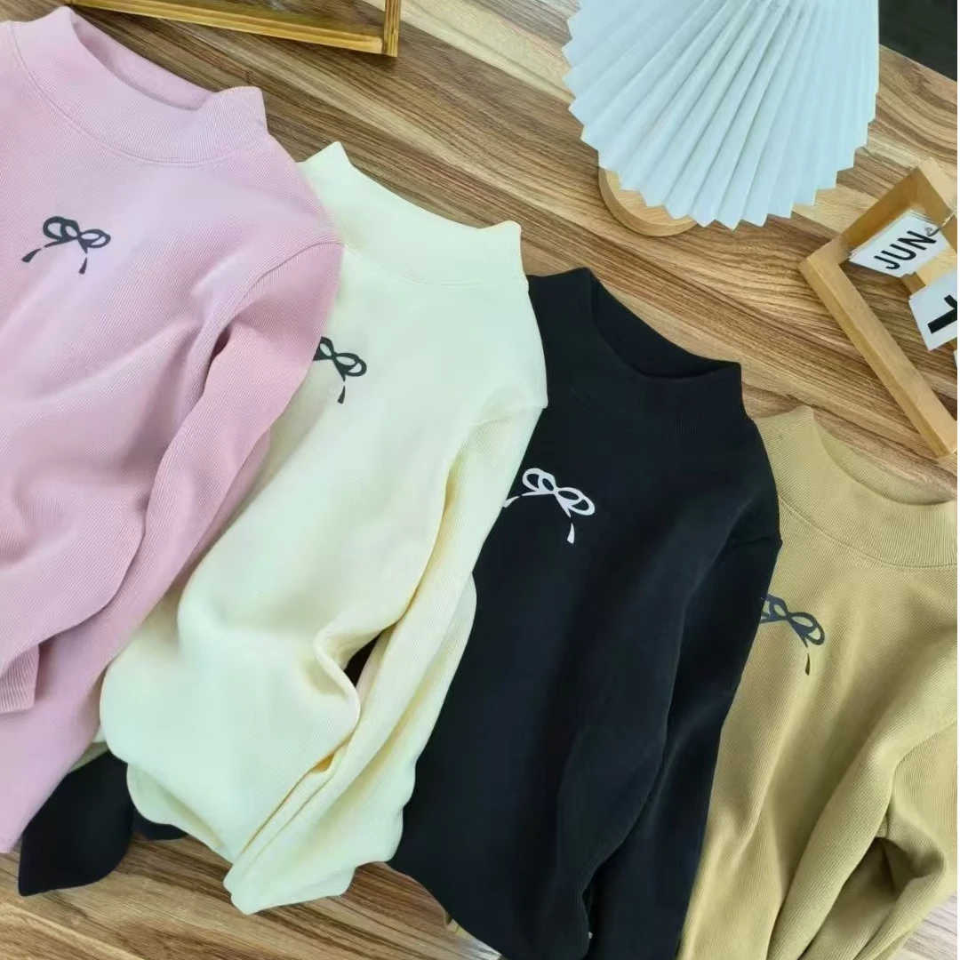 独特胸前印花蝴蝶结加绒打底衫女中童秋冬新款