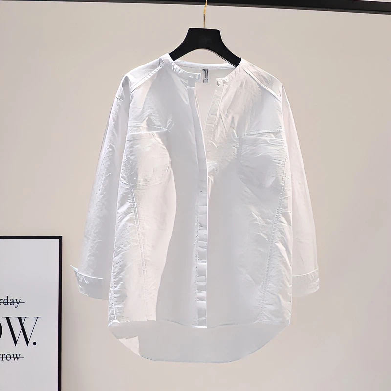 2025年春季白色水洗纯棉衬衣春秋新款韩版设计感双口袋女长袖衬衫