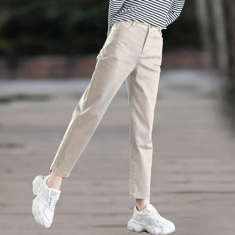 卡其色裤子女春夏季新款休闲裤女款小个子宽松九分裤萝卜哈伦裤