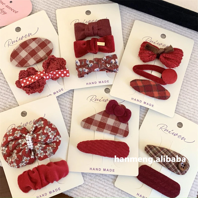 新年红色2024年显白蝴蝶结格纹丝绒发夹套装儿童可爱bb夹发卡女