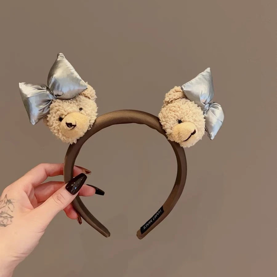 可爱爆棚~银色蝴蝶结毛绒小熊发箍女款洗脸专用头箍发卡发捆头饰