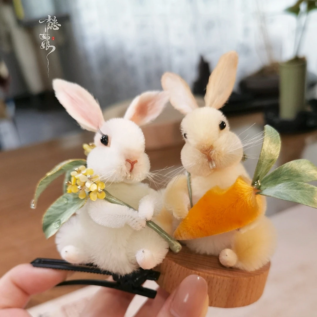 【桂花兔】非遗绒花发夹发簪摆件车挂手工diy定制古风汉服发饰