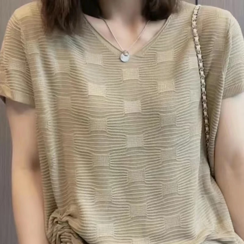 2025夏季新款针织衫大码女装夏季薄款短袖T恤抽绳宽松洋气上衣女