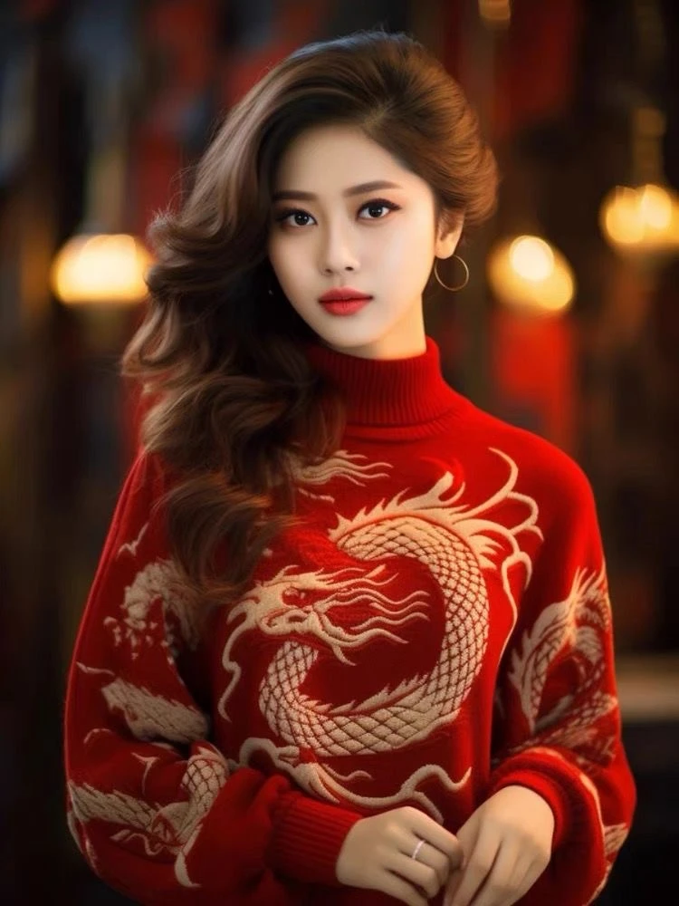 2025龙年本命年红色圆领毛衣女秋冬慵懒风宽松显瘦新年针织打底衫