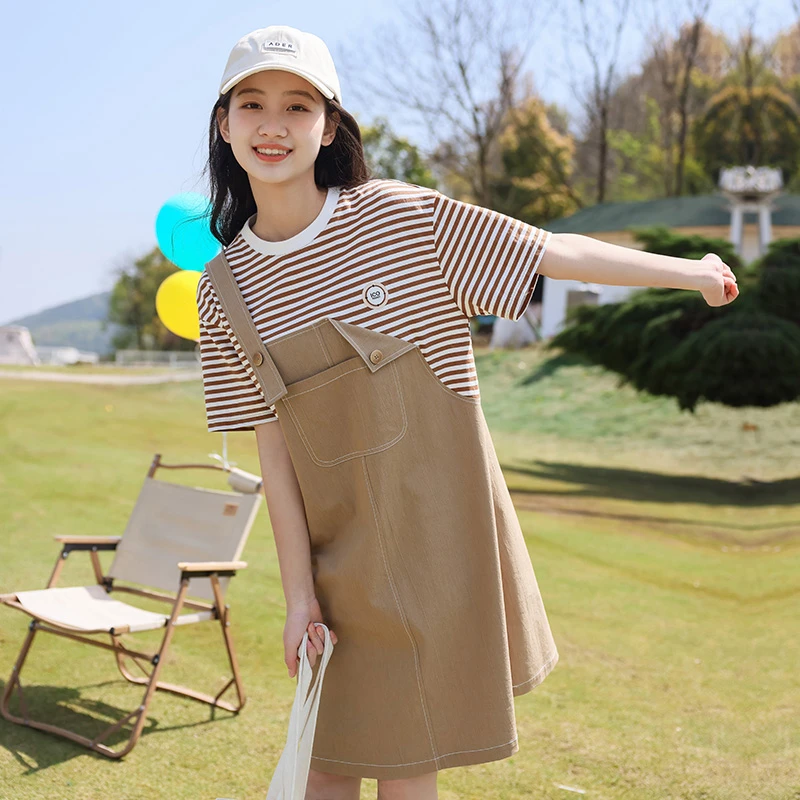 高中生假两件连衣裙新款夏季大童少女孩2023初中学生甜美咖色条纹