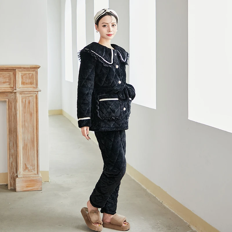 劲羽T1004冬季加厚加绒保暖睡衣套装时尚黑色洋气翻领秋冬9