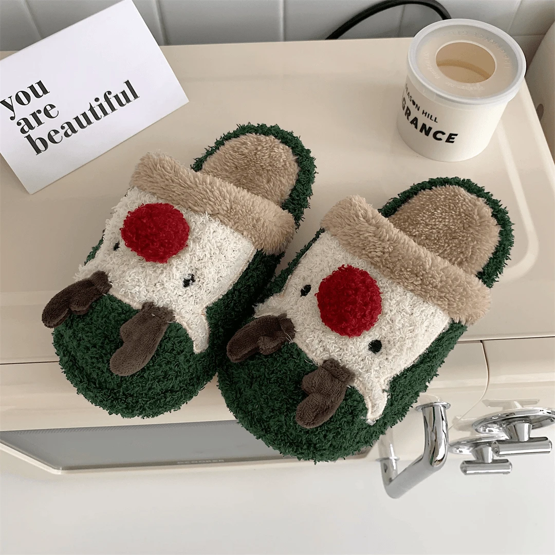 卡通可爱圣诞麋鹿男女棉拖居家防滑保暖包头棉鞋冬ins保暖yw