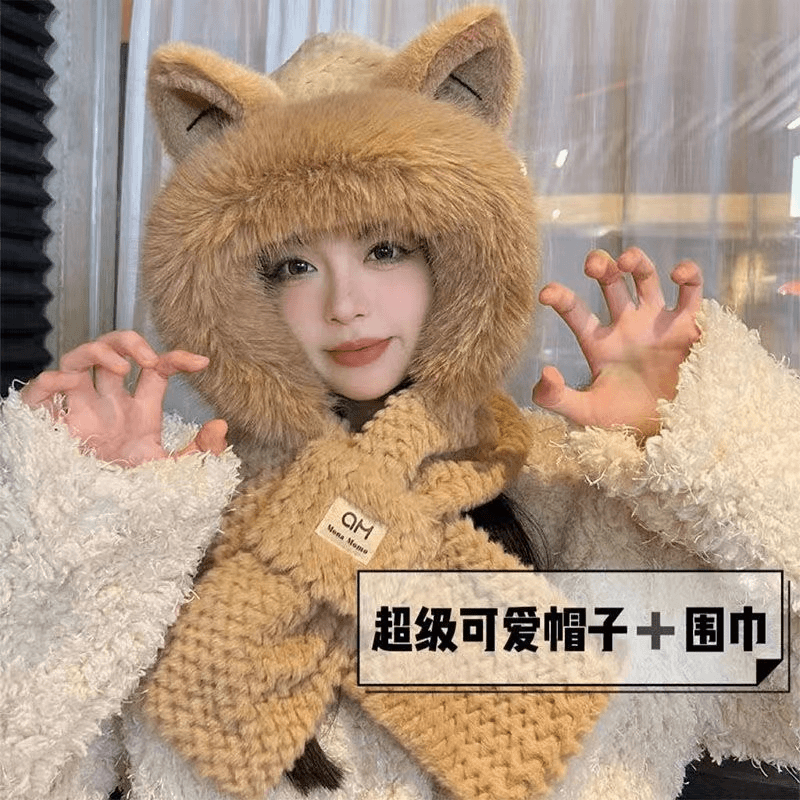 帽子女秋冬可爱雷锋帽百搭狐狸猫咪耳朵加厚毛绒保暖护耳包头帽潮