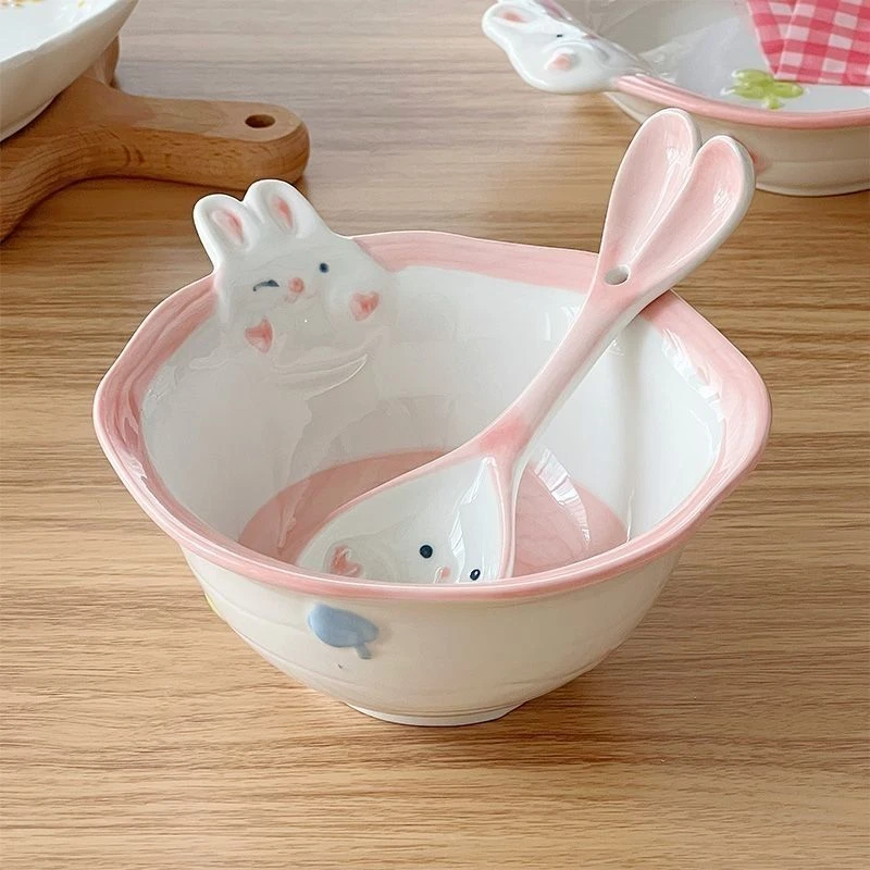 卡通可爱陶瓷釉下彩家餐具家用米饭碗儿童碗兔子碗女生甜品yw