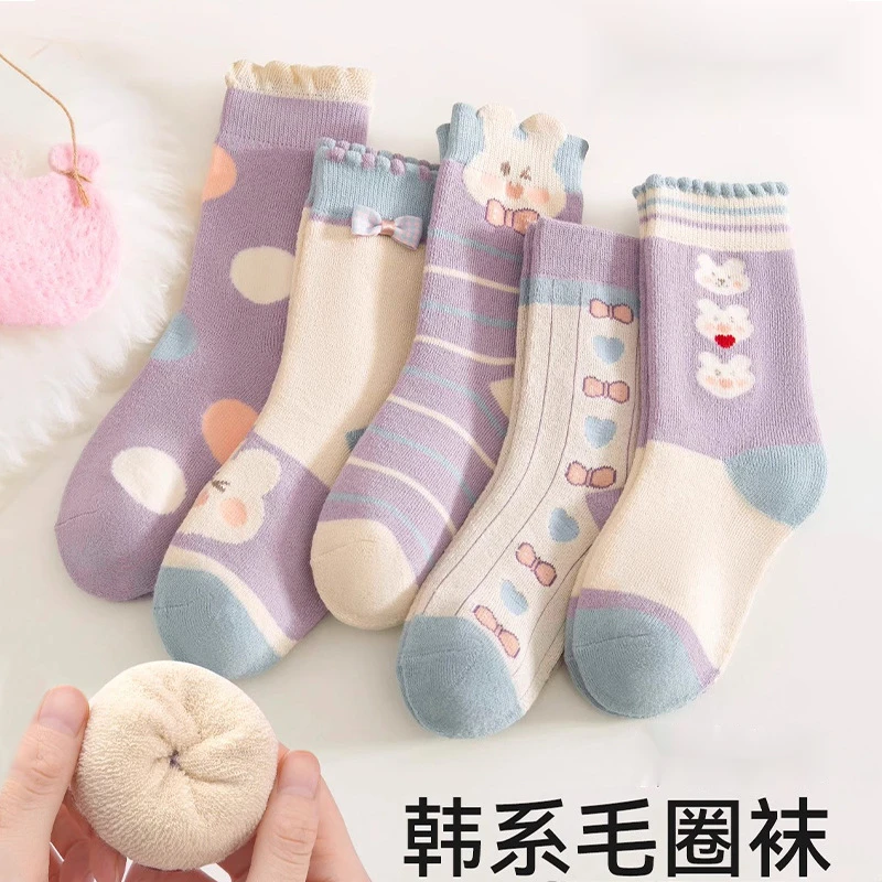 新款女童厚袜子冬款加厚儿童袜秋冬季中大童长筒毛圈袜加绒加厚SJ