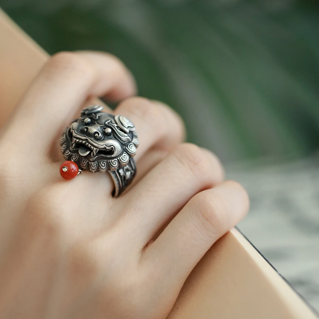 足银戒指 J11323 米米兽醒狮莲花戒指
