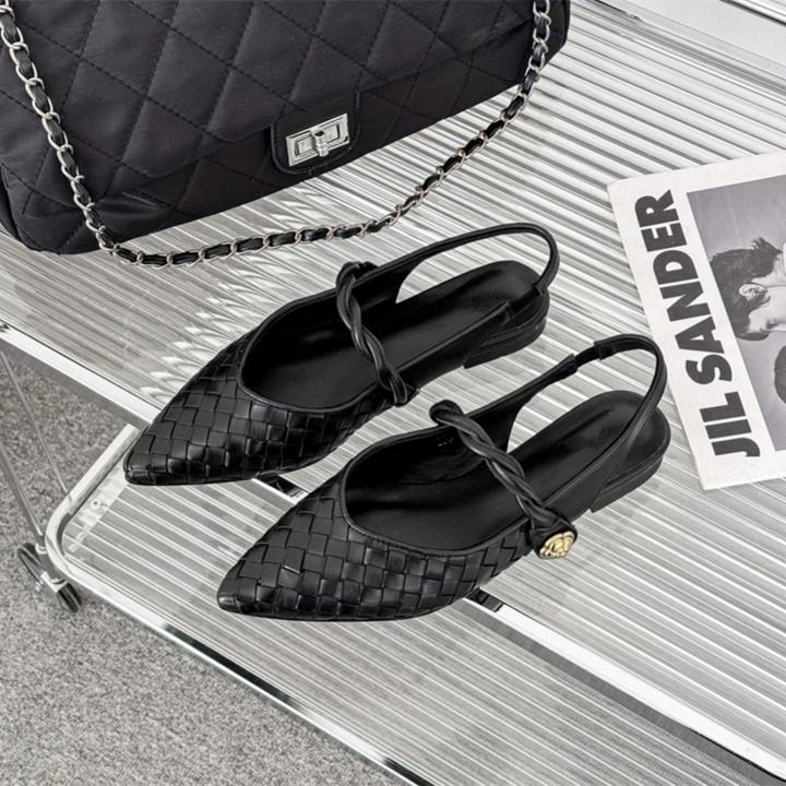 牛皮+羊皮2024春夏新款尖头包头一字带凉鞋女外穿编织真皮鞋女夏