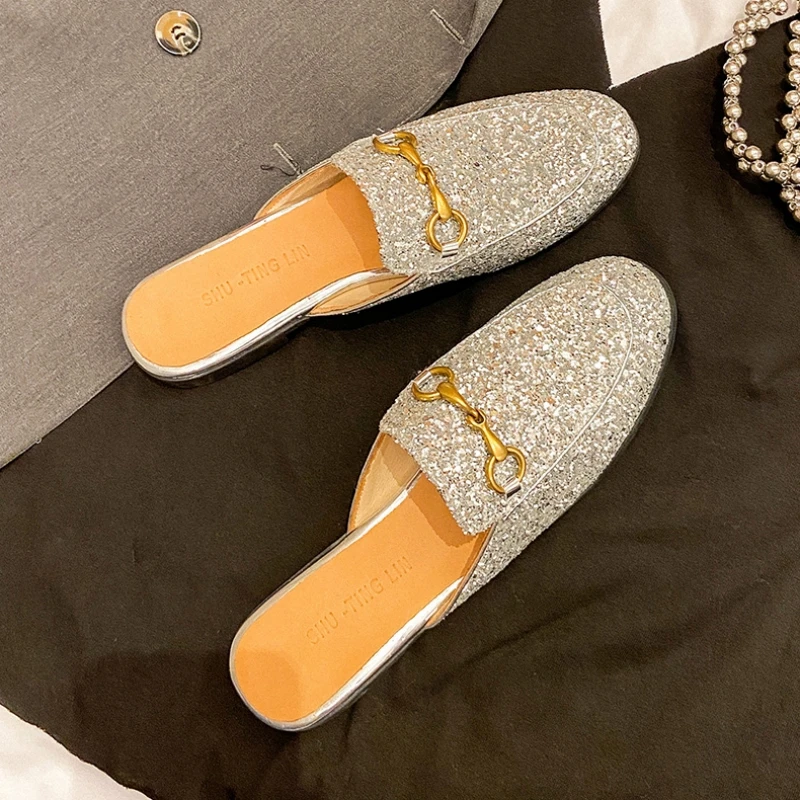 2023新款春季平底包头半拖鞋女真皮网红穆勒鞋外穿懒人鞋女凉拖鞋