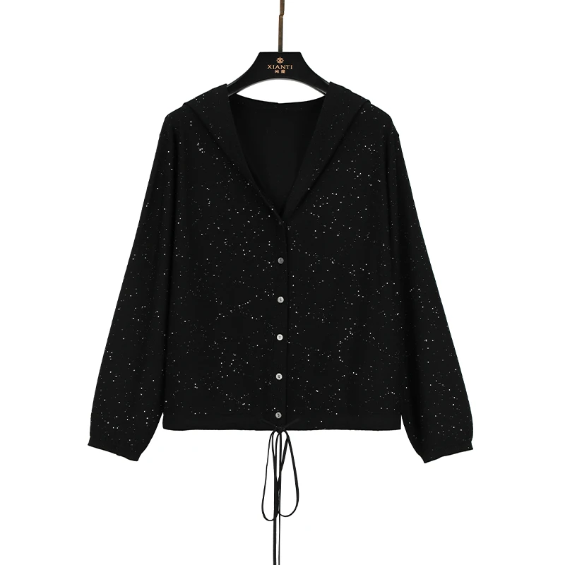 【轻奢-薄款】高支意大利纯羊毛星空帽衫女宽松休闲长袖外套230012