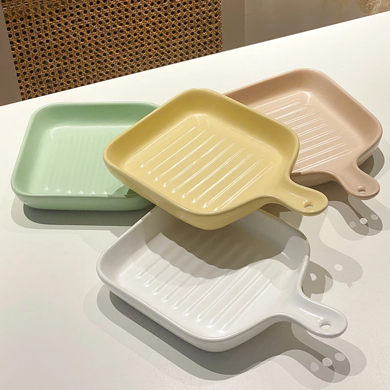 ins.风奶黄色带手柄盘碗家用焗饭盘烤盘烘焙烤箱哑光方形陶瓷烤碗