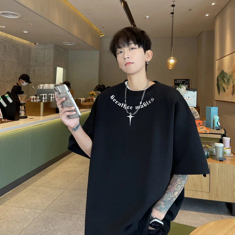 纯棉字母印花短袖T恤男士夏季薄款潮牌圆领冰丝大码休闲男生衣服