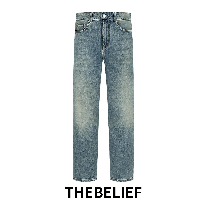 24721#春秋季新款美式高街复古水洗做旧修身小直筒牛仔裤蓝色男