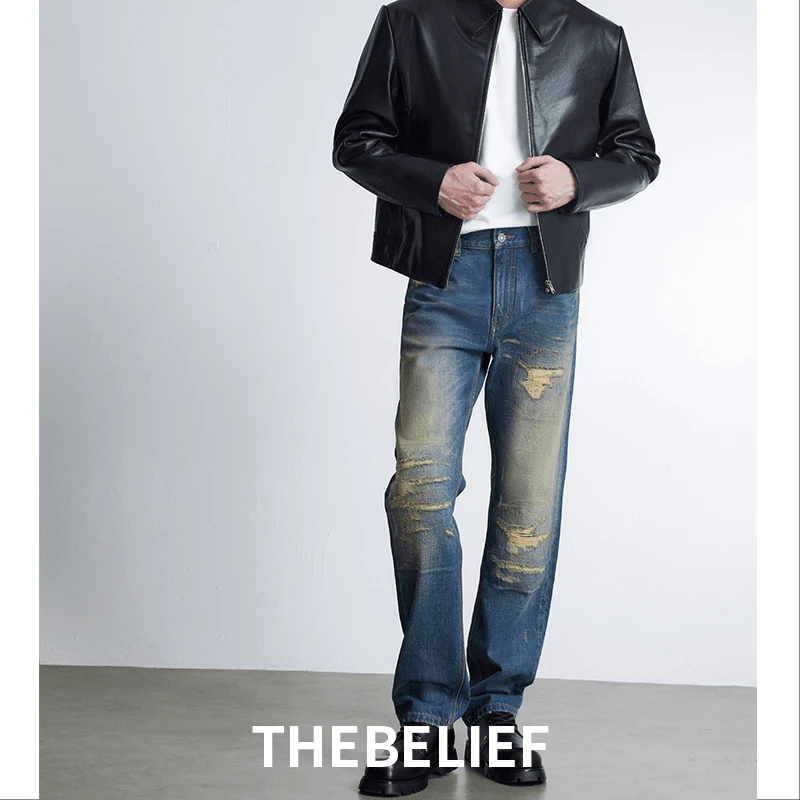 24729A#秋季新品美式高街复古水洗破洞补丁潮流直筒牛仔裤男士