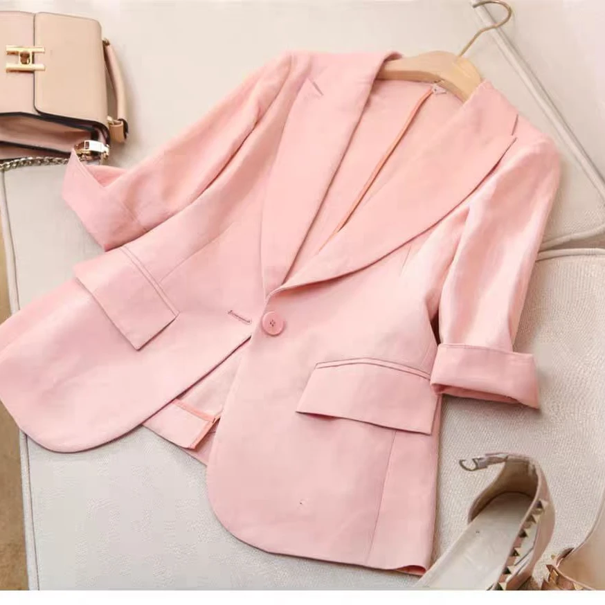 亚麻西服女2024七分袖修身休闲棉麻小西装大码外套高级感时髦复古