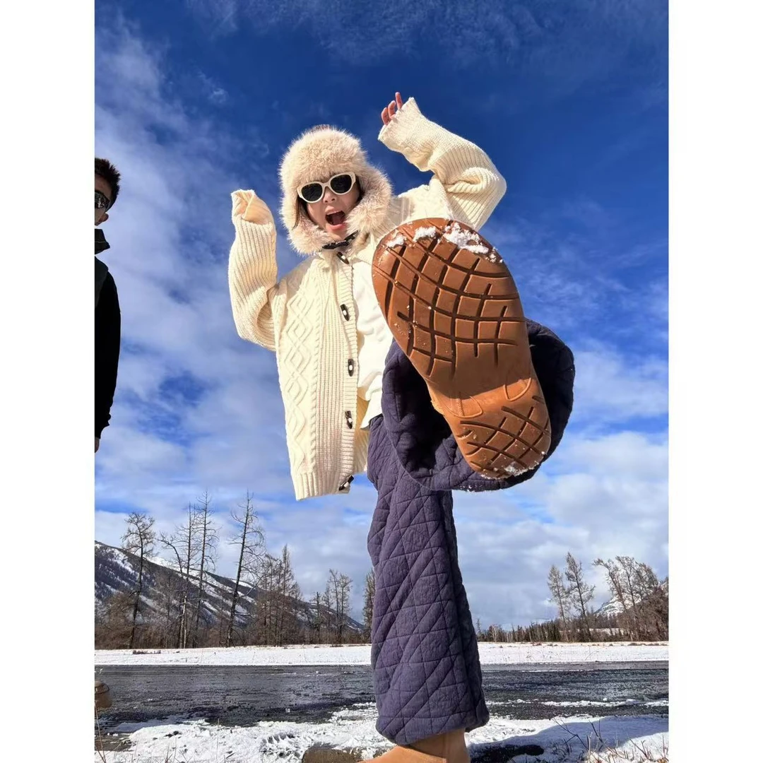 【PAOMIAN】慵懒风冬季菱格压线夹棉宽松休闲裤松紧腰阔腿棉长裤