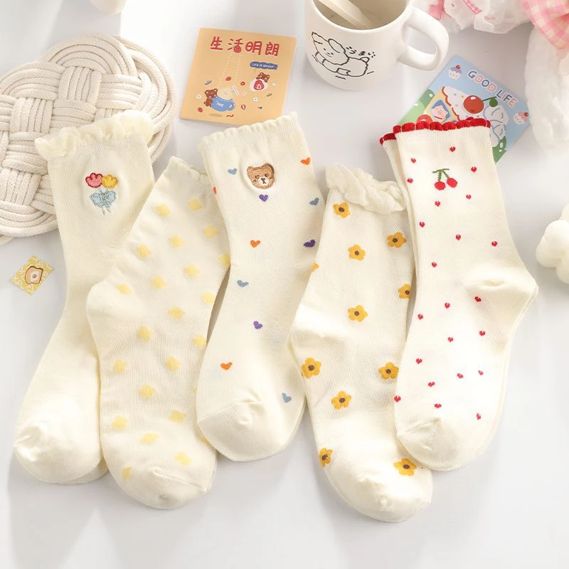 【5双】袜子女中筒袜春秋款小清新可爱日系ins潮秋冬款花边小熊长袜