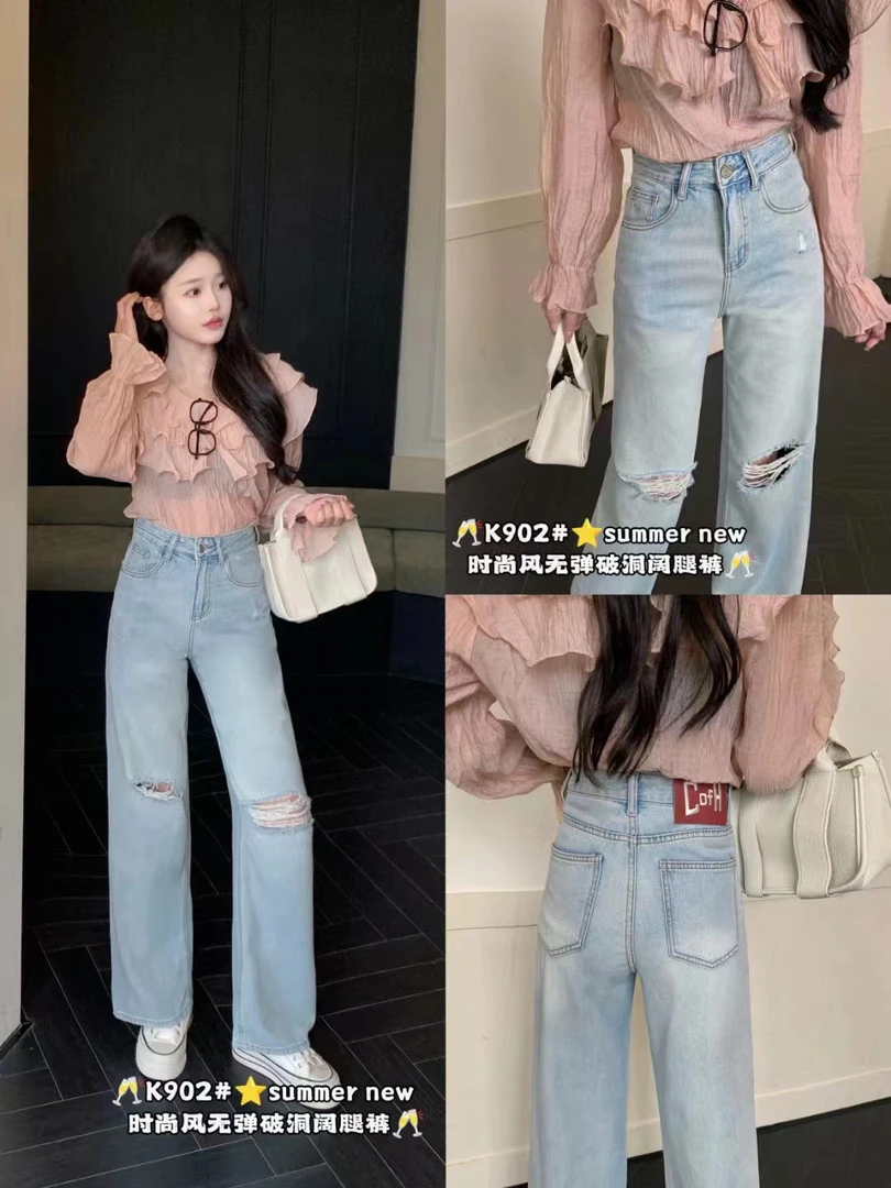 【云云精选】902 夏季浅蓝色薄料直筒裤