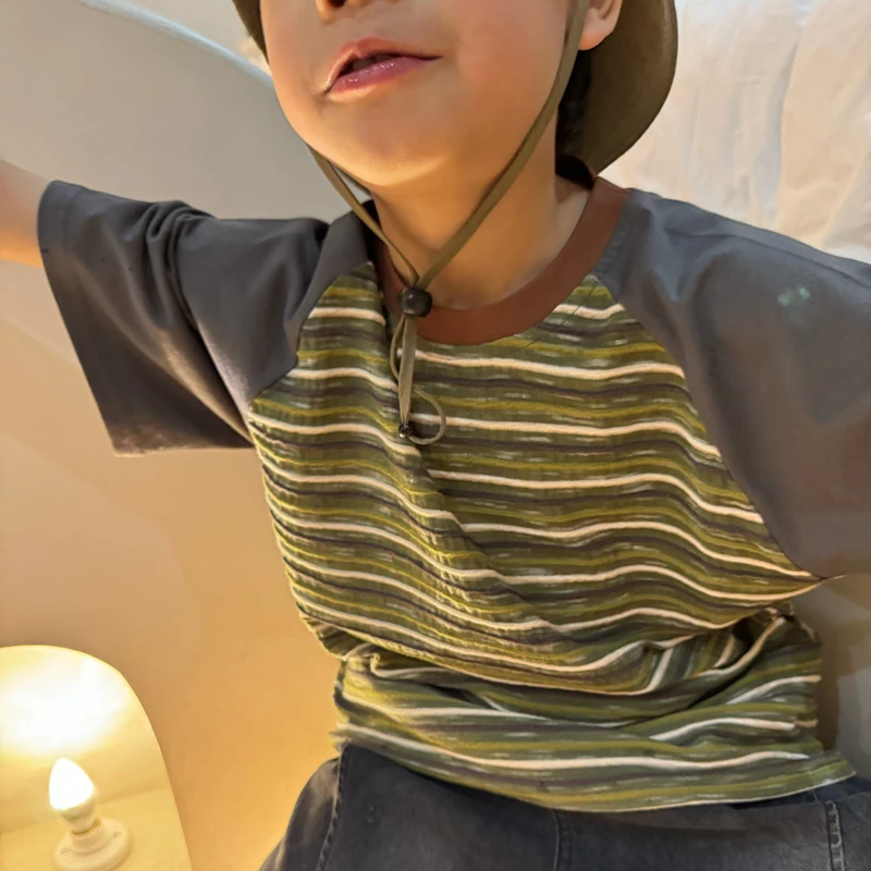 【清仓】vilimama2024男女童复古立体条纹拼色袖子短袖T恤V54112