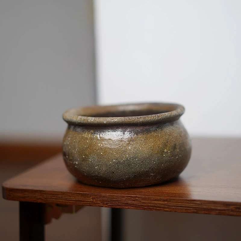 日本进口备前烧 柴烧 森和彦作品 建水渣斗 茶道 零配 烧色非常好