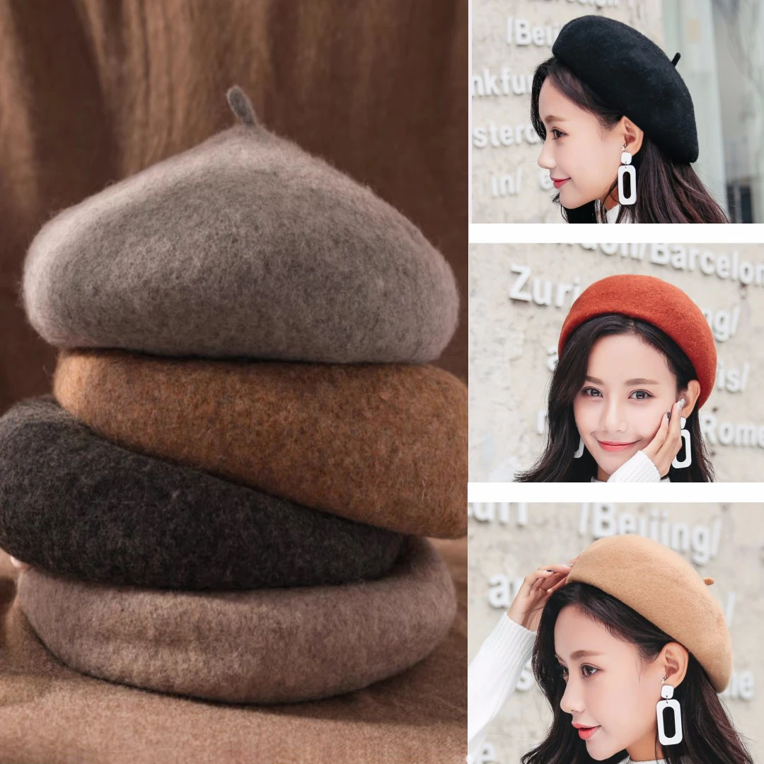 秋冬韩版百搭羊毛贝雷帽女士复古毛呢休闲画家帽日系简约蓓蕾帽潮