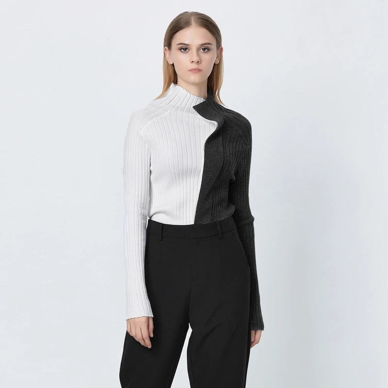 圣迪奥女装春季时尚高领撞色拼接修身长袖通勤针织衫S21383515