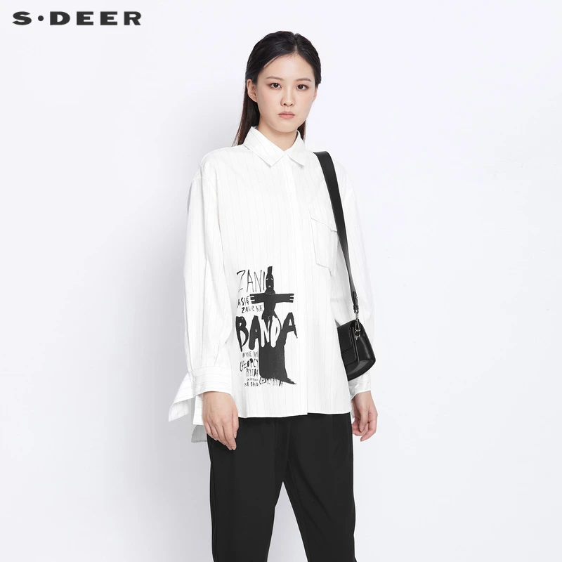 S·DEER设计师通勤常规翻领条纹印花不规则衬衫S21360506