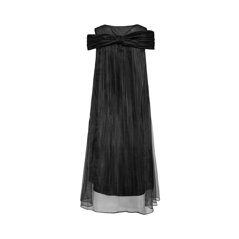 S·DEER圣迪奥女装圆领露肩交叉肌理欧根纱连衣裙S222Z122R