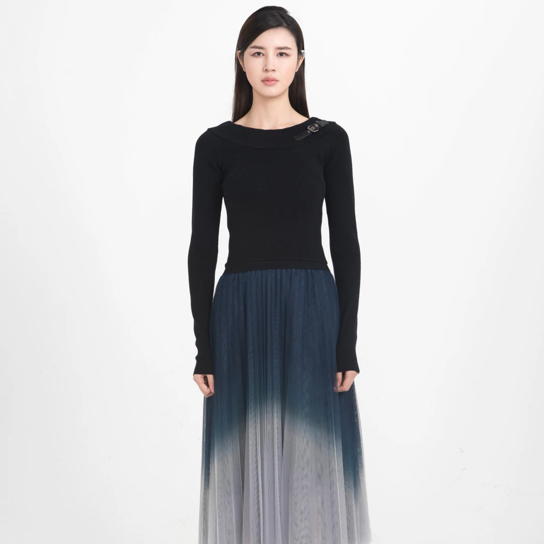 圣迪奥圆领时尚提花针织正品渐变色网纱拼接短袖连衣裙S211Z1215