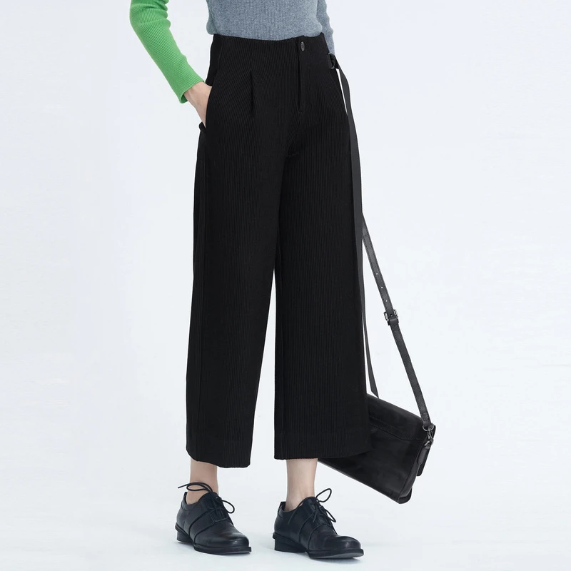 S·DEER圣迪奥时尚女装正品复古暗条纹飘带拼接阔腿长裤S20480821