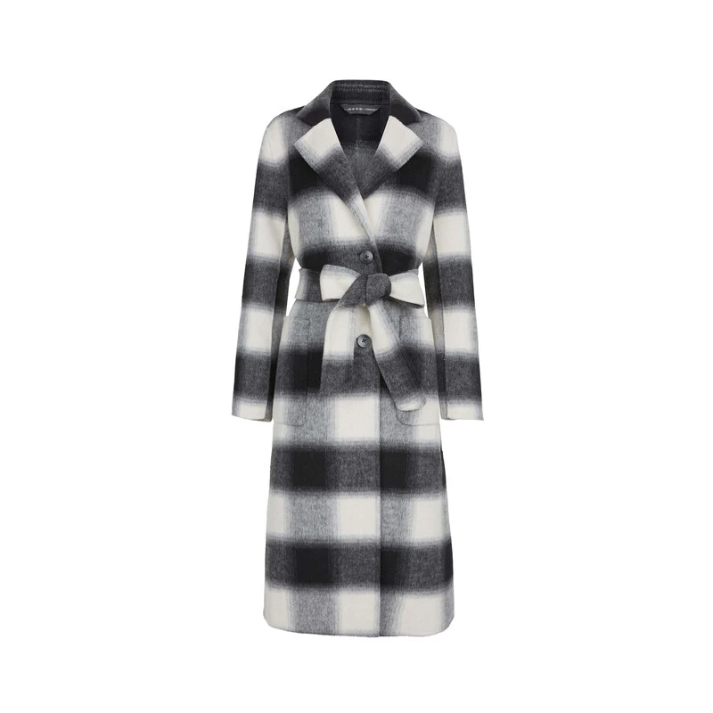 S·DEER圣迪奥高端经典西装领格纹收腰双面呢长款大衣S234Z2510