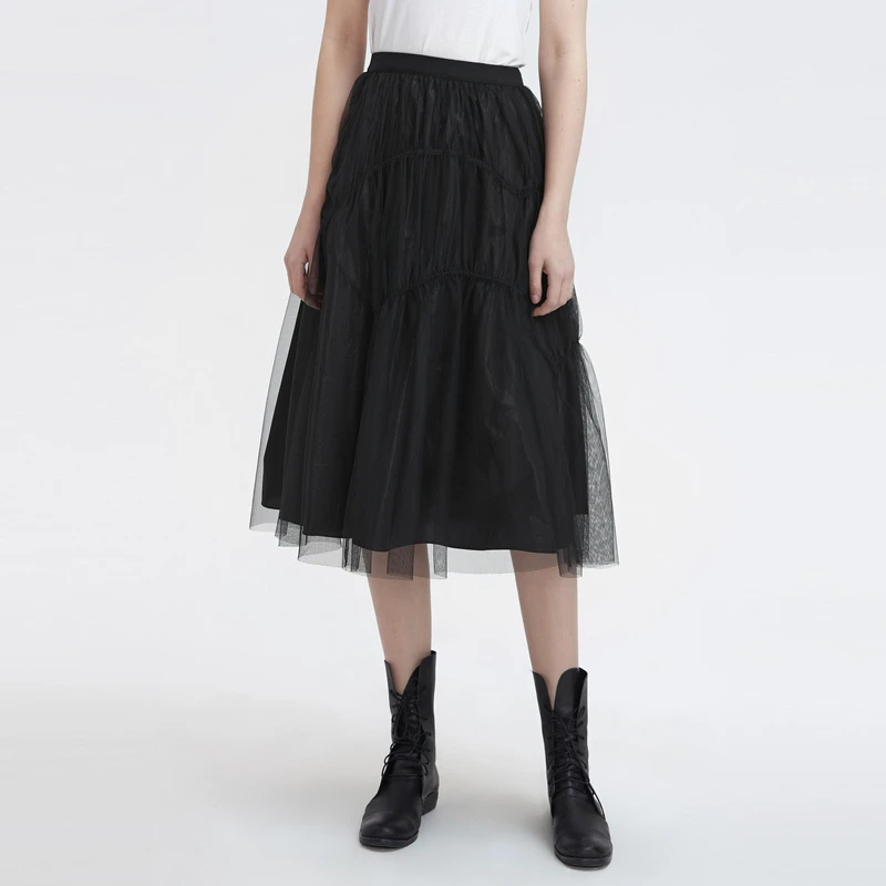 S·DEER圣迪奥女装时尚松紧抽褶网纱拼接不规则A字长裙S22161106
