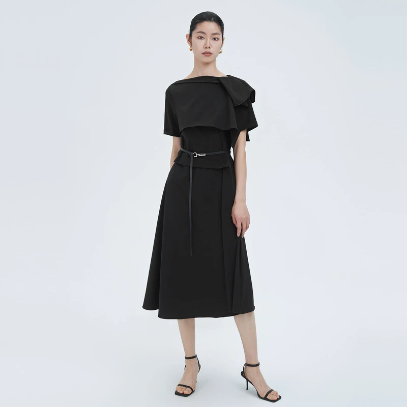 S·DEER圣迪奥夏季黑色法式女装气质拼接显瘦短袖连衣裙S222Z1249